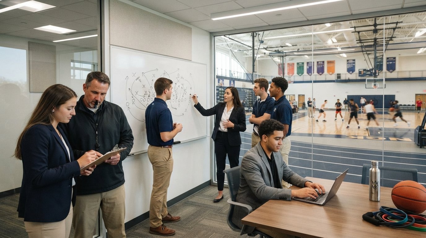 Students in business casual attire review a strategic plan on a whiteboard in a modern university athletic facility with an…