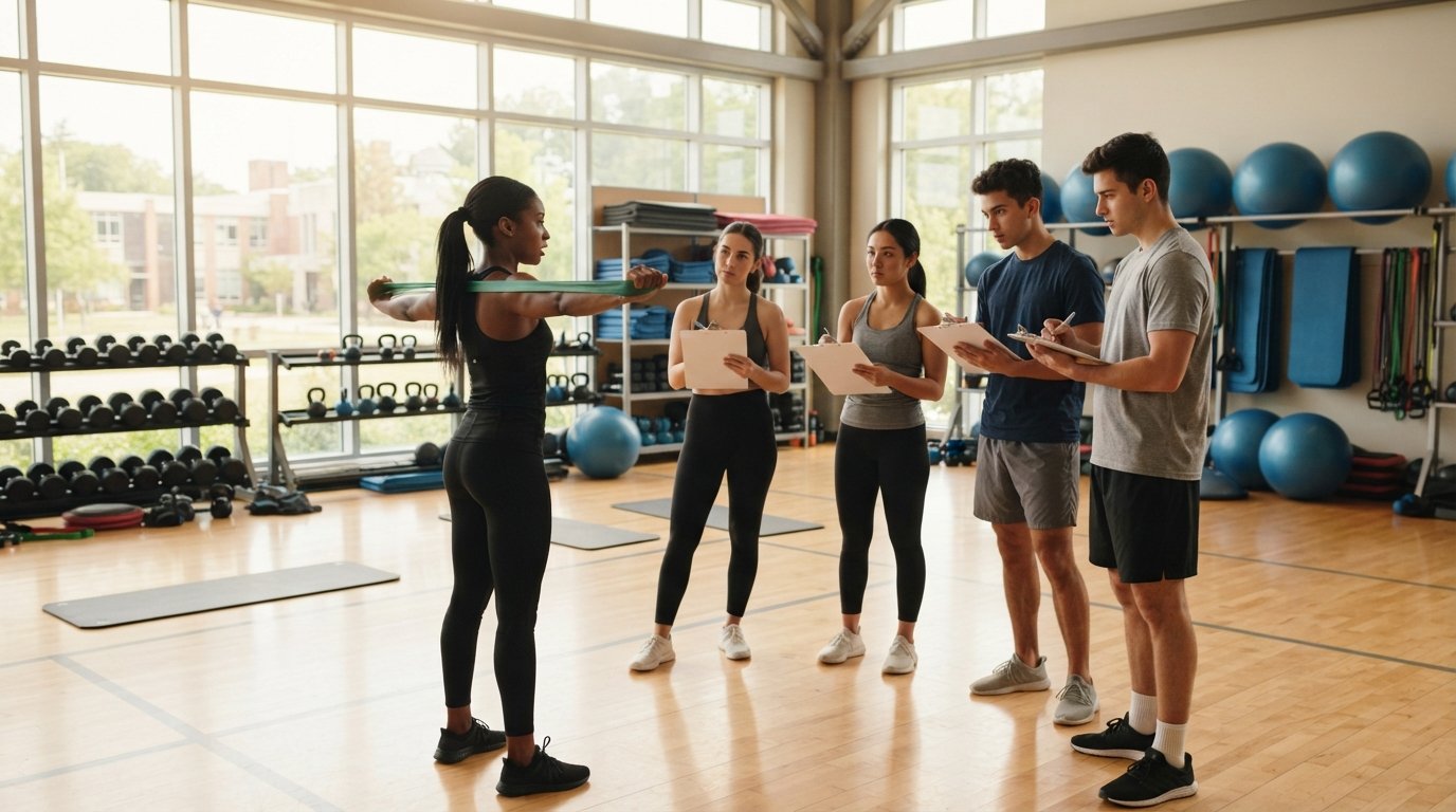 Diverse college students in athletic wear watch a classmate demonstrate a resistance band stretch on a gymnasium floor with…
