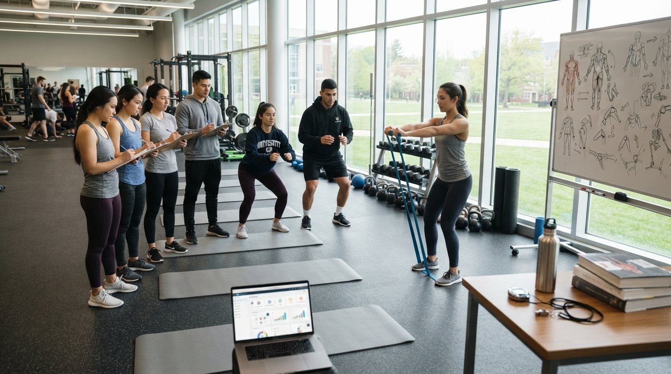 Students in athletic wear practice resistance band exercises and squats in a bright campus recreation center with yoga mats…