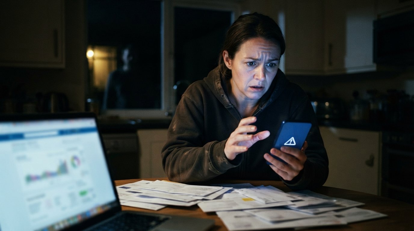 Worried adult at a dimly lit kitchen table at night looking at a smartphone alert, with a laptop showing a blurred banking…