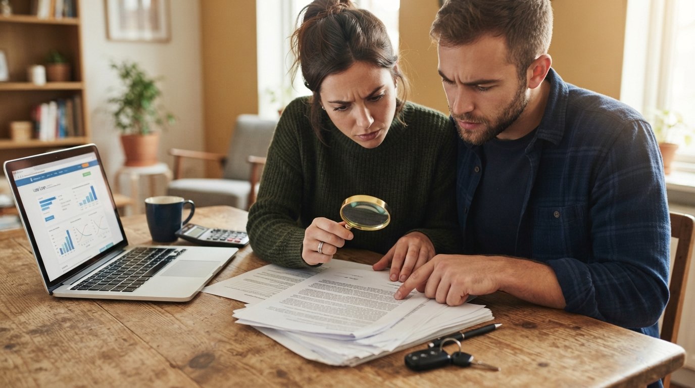 Couple at a kitchen table examining a long auto loan contract with a magnifying glass, car keys, pen, calculator, and…