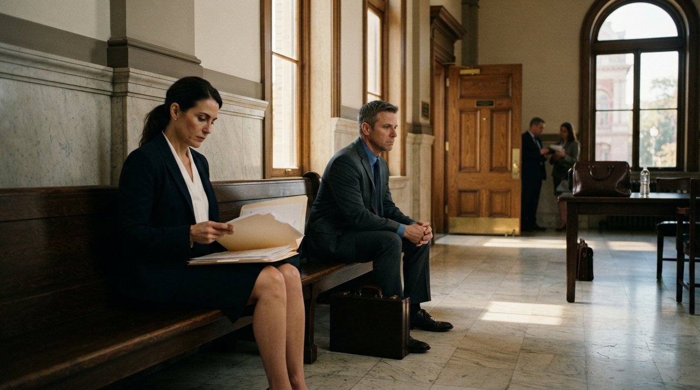 Man and woman in business attire sit apart on a wooden bench in a courthouse hallway, woman reviewing documents, man…