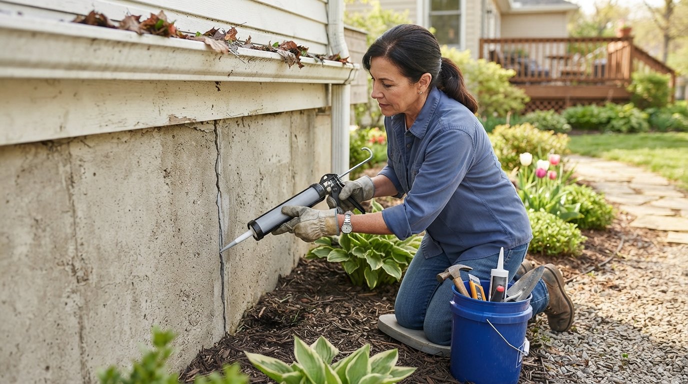 Homeowner in gloves kneeling beside a house foundation, sealing a narrow crack with caulk, with a bucket of tools nearby…