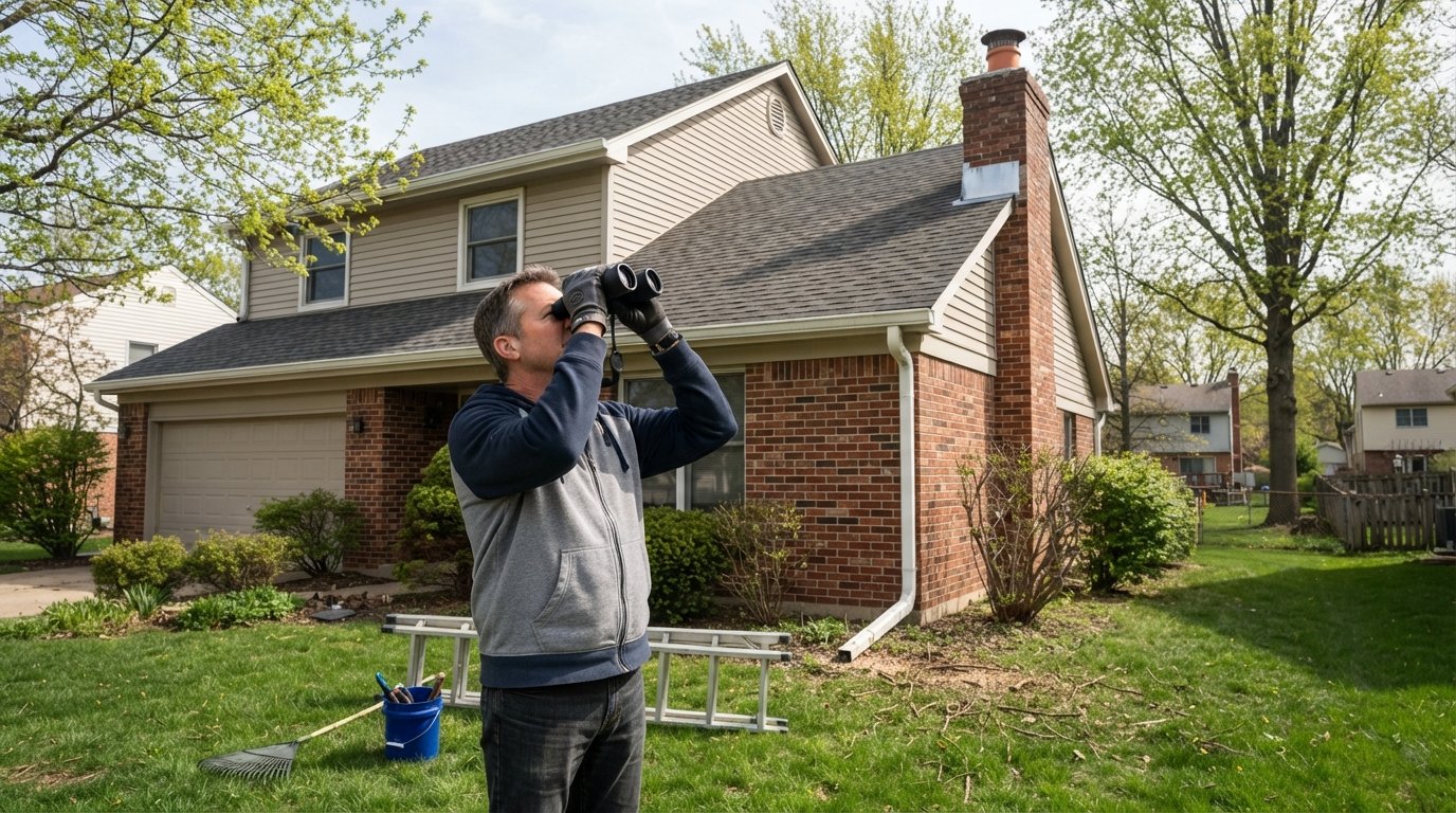 Homeowner in work gloves using binoculars to inspect the shingled roof and gutters of a two-story suburban house, with a…