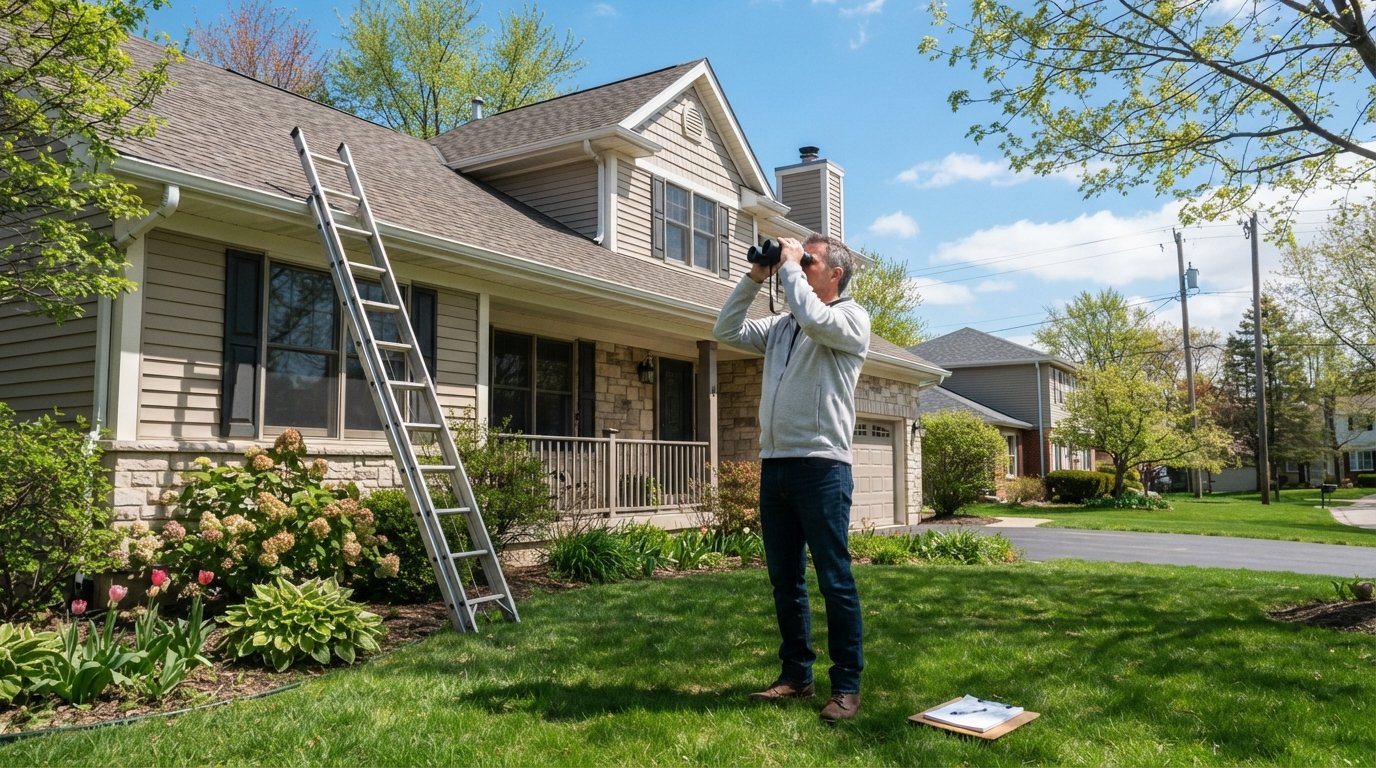 Homeowner in a light jacket stands on a green lawn using binoculars to inspect the roof and gutters of a two-story house,…