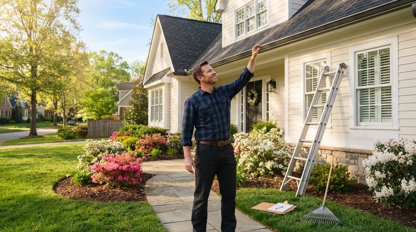 Homeowner in work clothes checking a gutter edge beside a ladder, with a rake and clipboard on green grass near blooming…