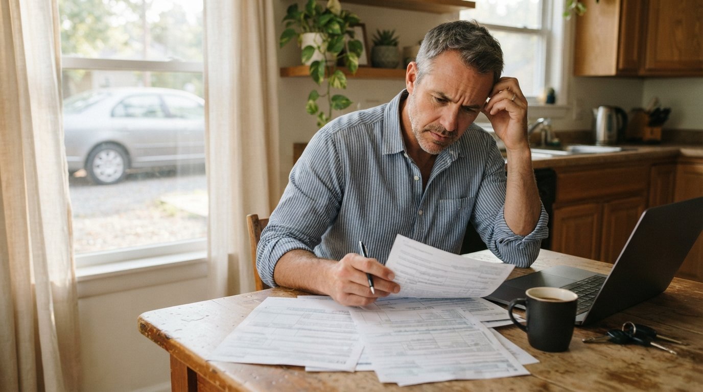 Middle-aged driver in a button-down shirt reviewing a stack of paperwork at a wooden kitchen table, with a laptop, car…