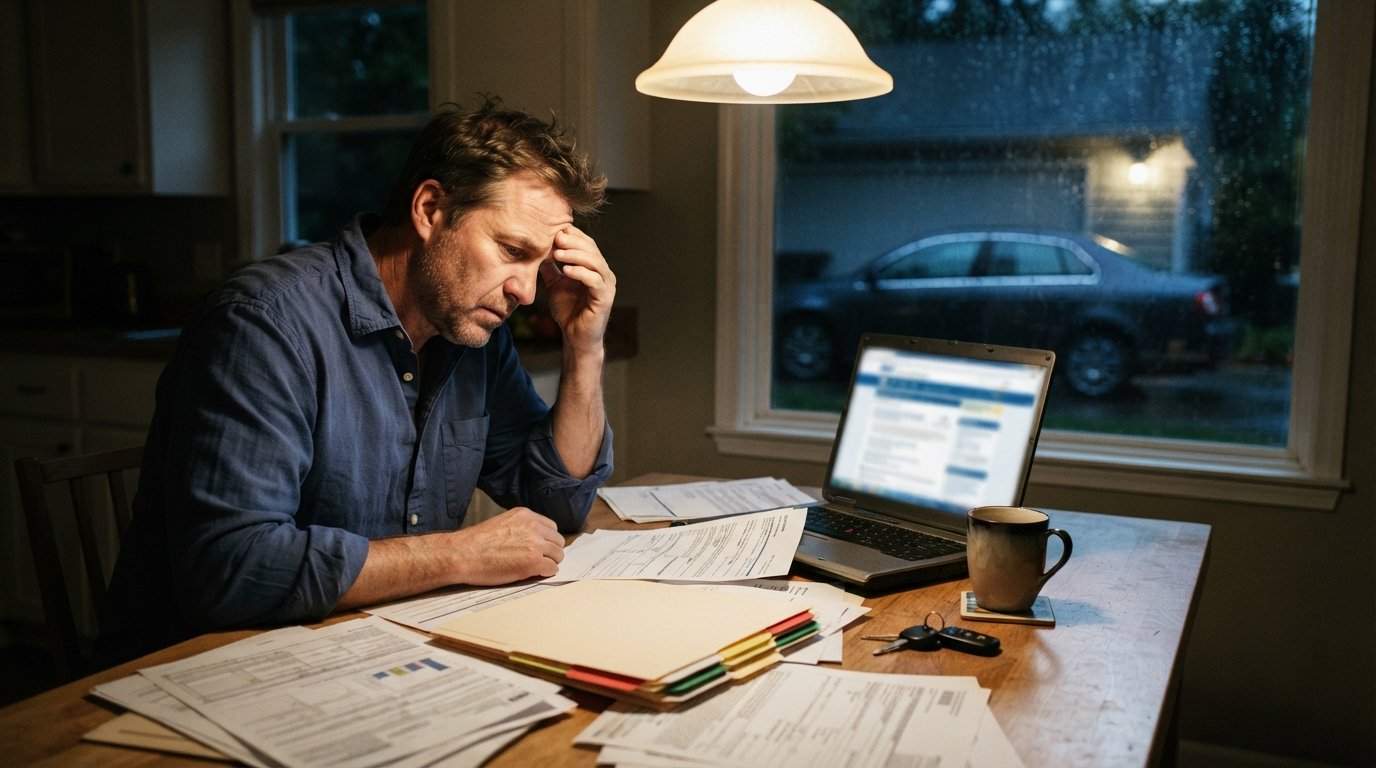 Stressed driver in wrinkled shirt reviews insurance paperwork at a kitchen table with a laptop, car keys, coffee mug, and a…