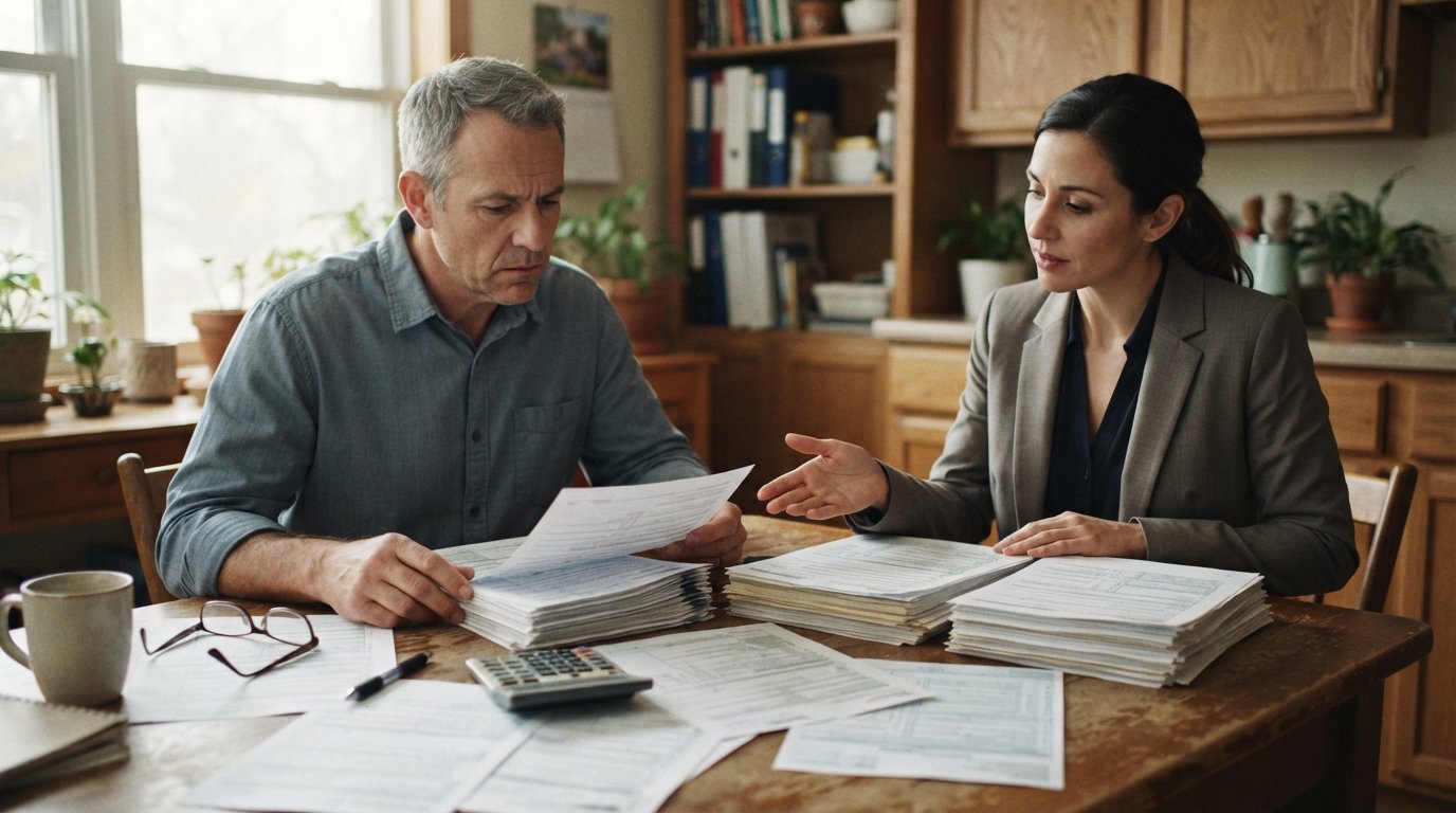 Middle-aged man in a button-down shirt sits at a wooden kitchen table with scattered forms, a calculator, and a pen while a…