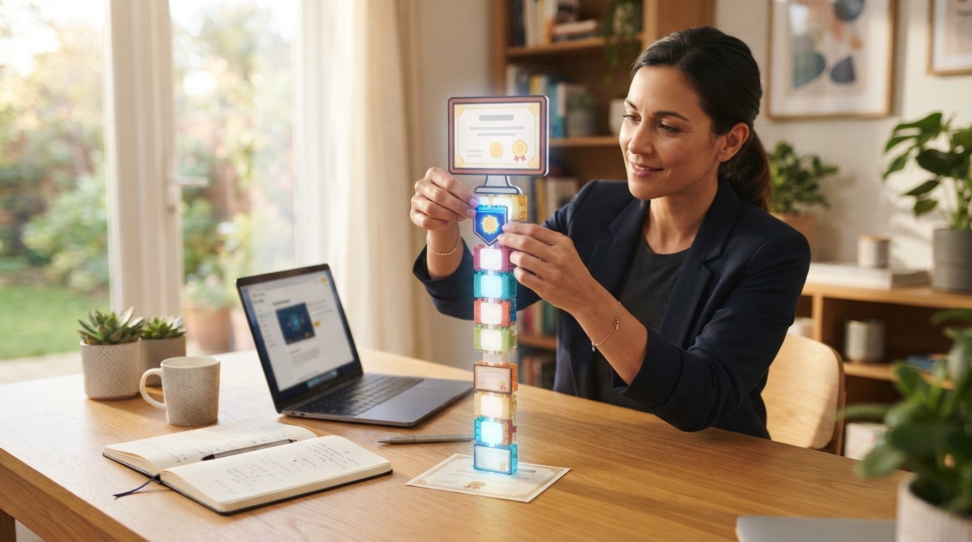 Adult learner in a blazer places a glowing badge on a stack of block-like credential cards rising toward a framed diploma…