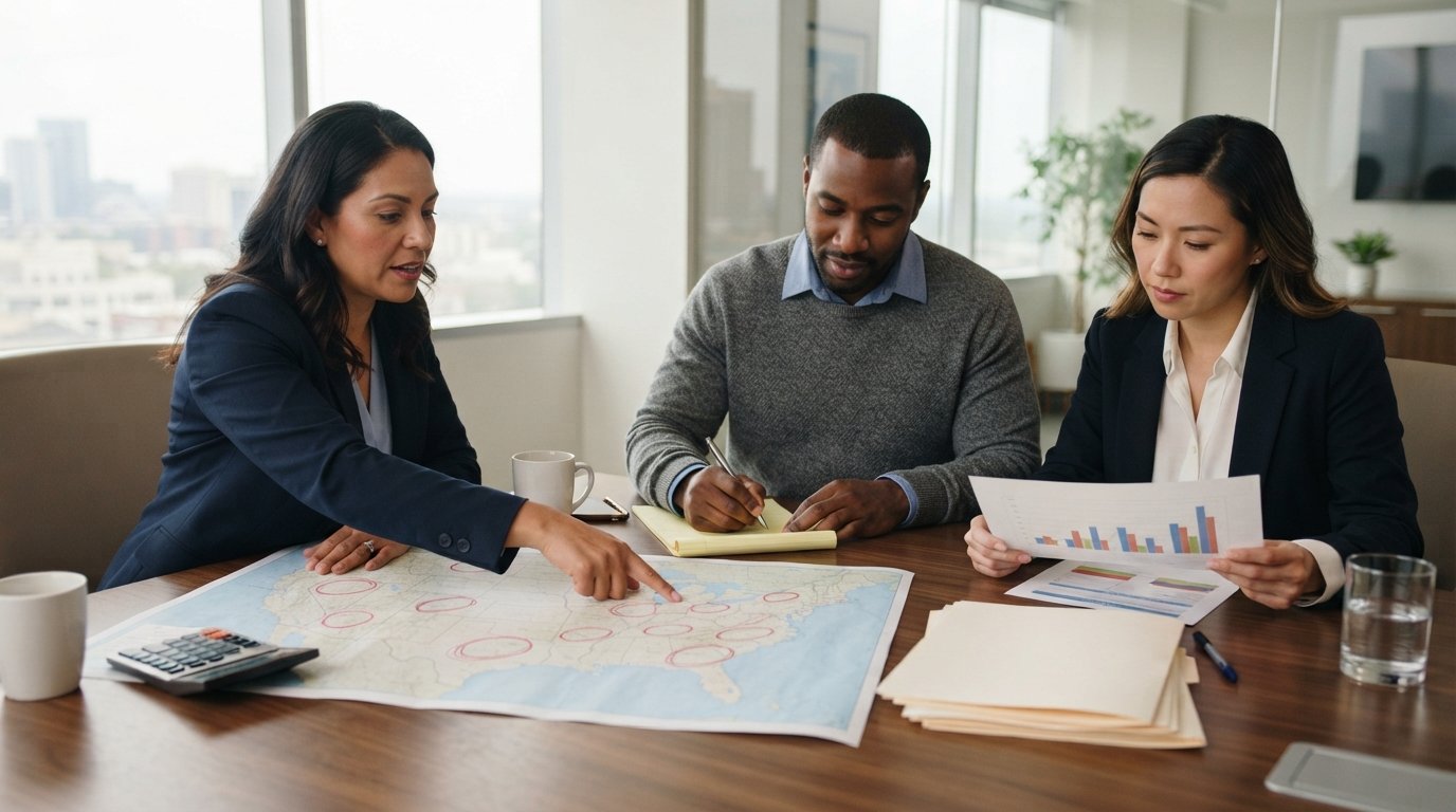 Three adults at a conference table examine a US map with circled states, a calculator, and auto loan documents