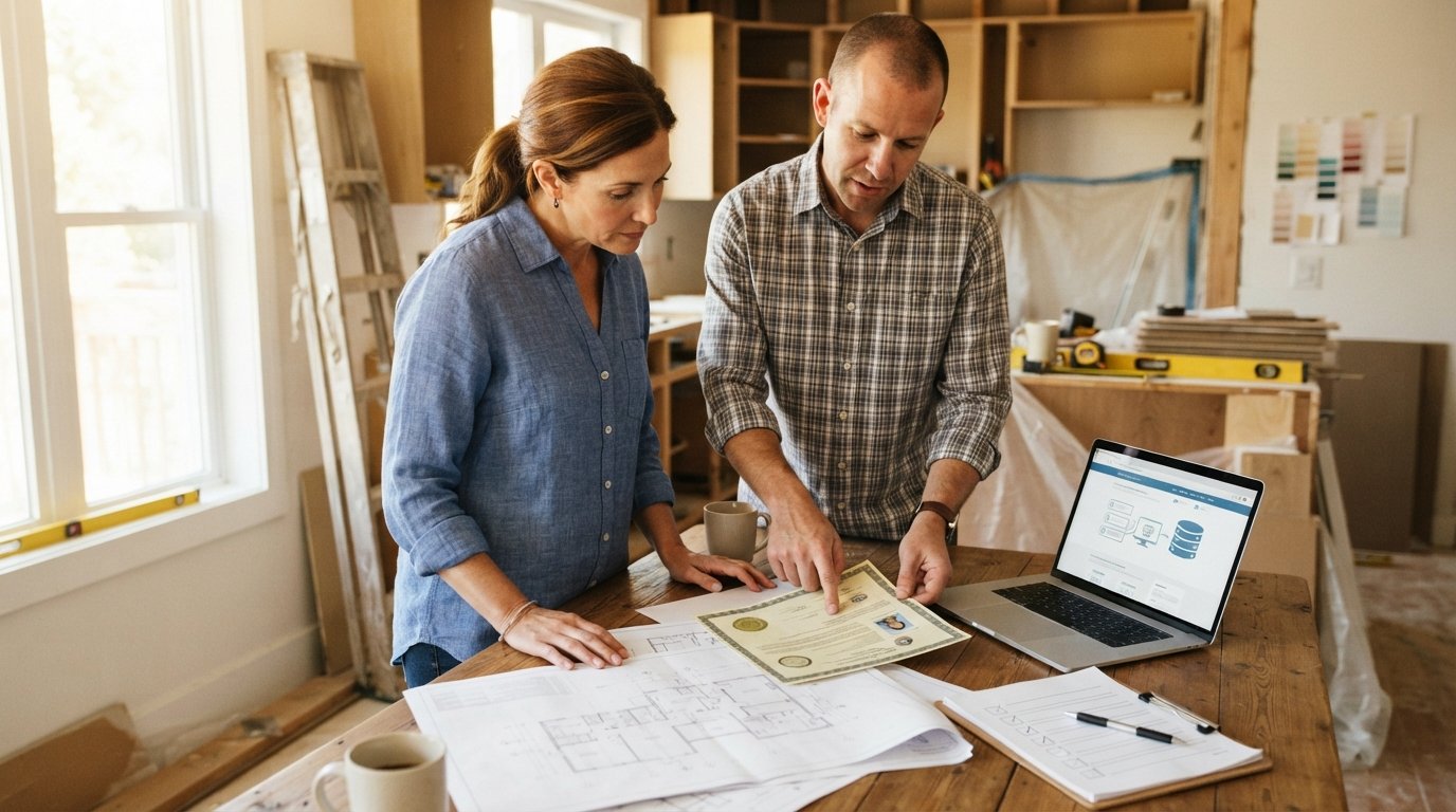 Couple at a kitchen table reviewing a contractor license, with a laptop showing a state verification database, checklist,…