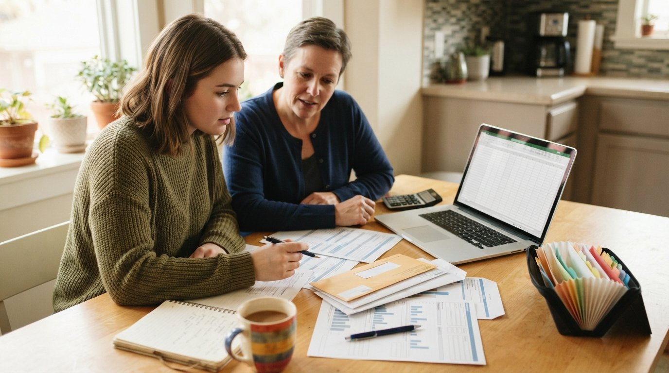 College student and parent review financial aid papers at a sunlit kitchen table with a laptop, calculator, and envelopes