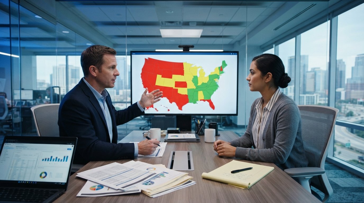 Two professionals reviewing a color-coded U.S. map on a widescreen monitor in a glass-walled office with regulatory…