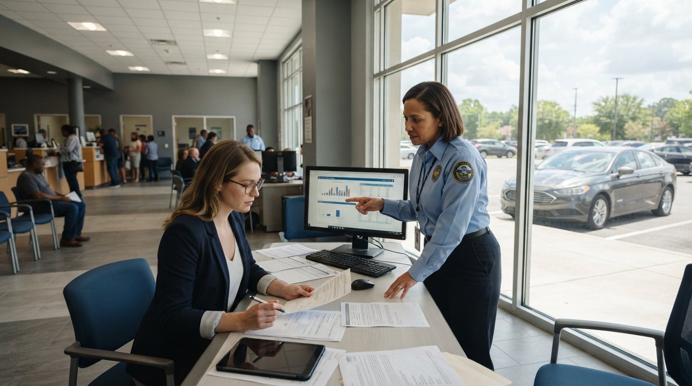 Driver in casual business attire reviews car insurance paperwork at a DMV desk while a clerk points to policy comparison…