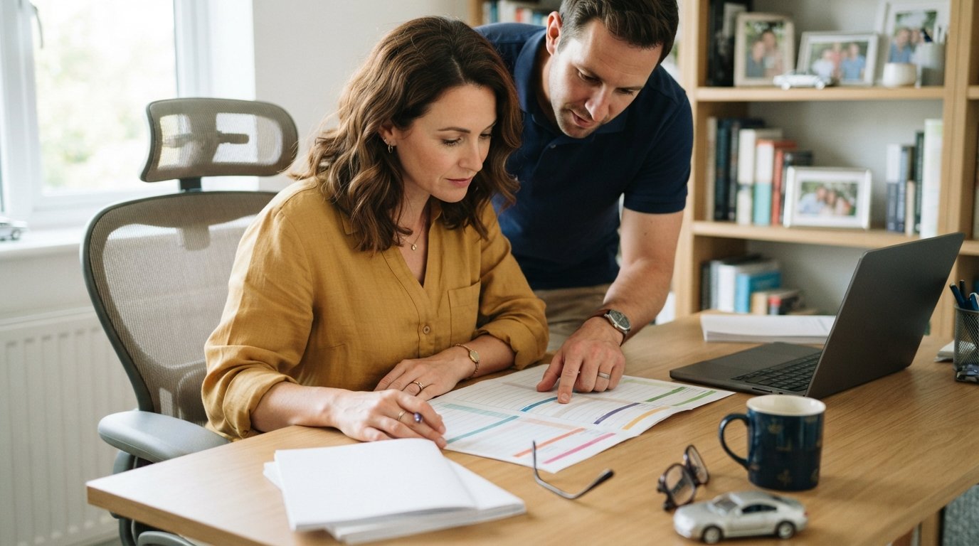 Woman in yellow blouse and man in navy polo reviewing a printed multi-column state car insurance comparison chart at a…