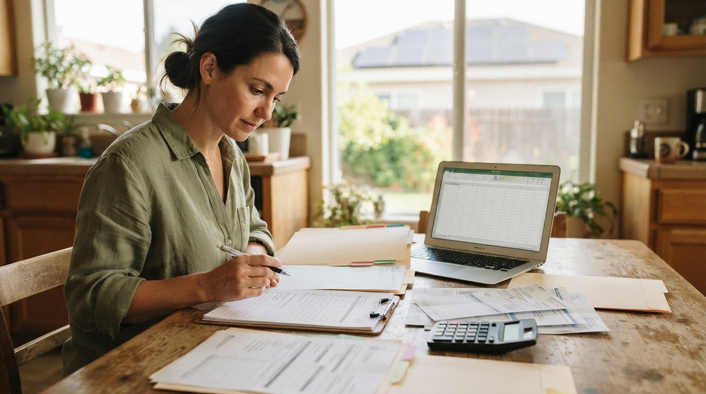 Homeowner at a sunlit kitchen table with a rebate checklist, laptop, calculator, utility bills, and labeled folders, solar…