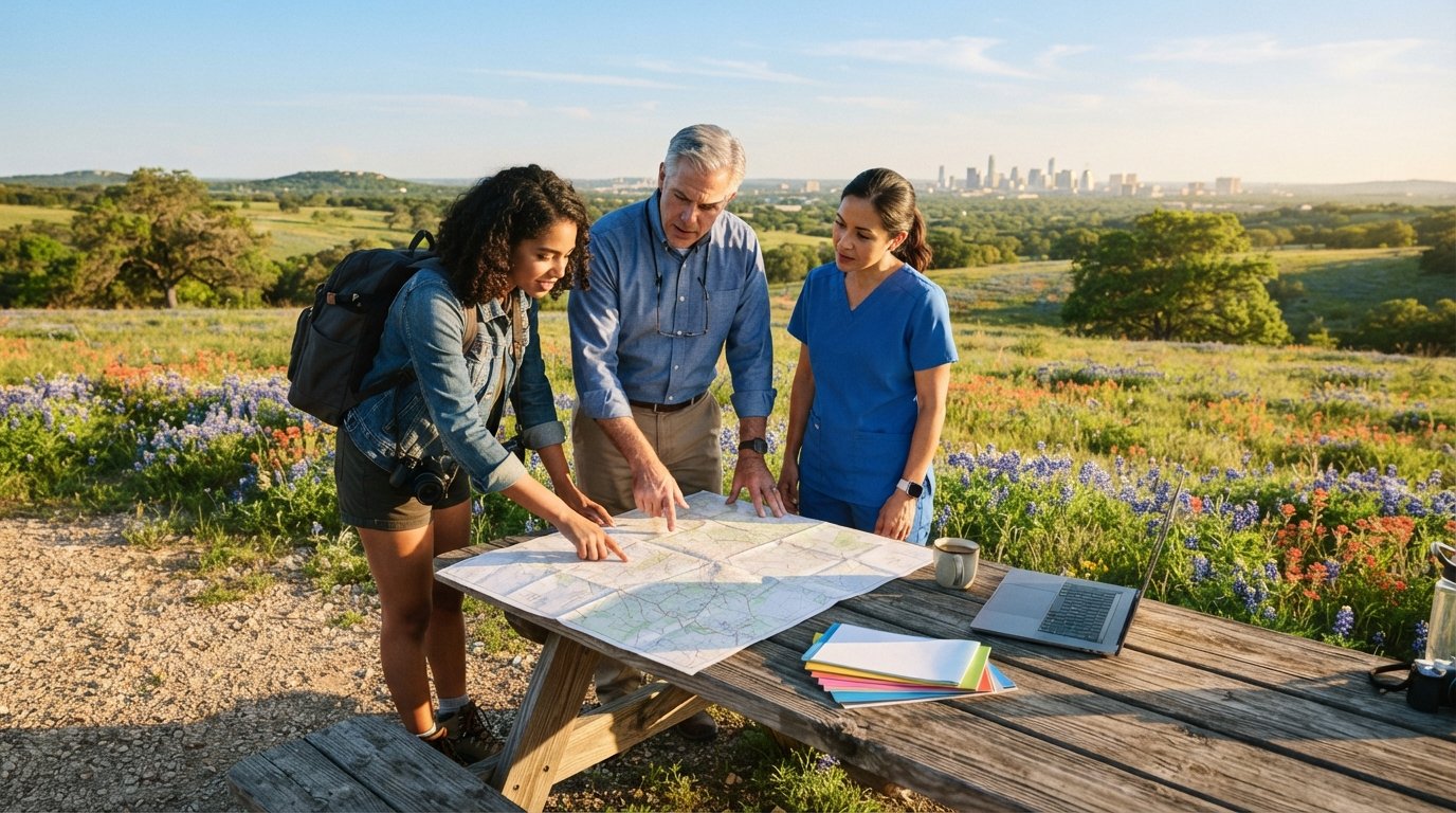 Three adults of different ages study a paper map at a wooden picnic table with a laptop and college brochures, set against…