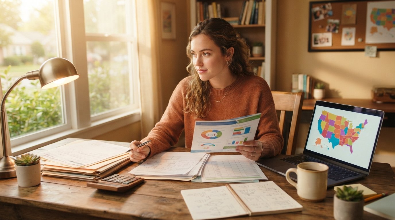 Student in a sweater studies a financial aid brochure at a wooden desk beside a laptop showing a U.S. map, calculator,…