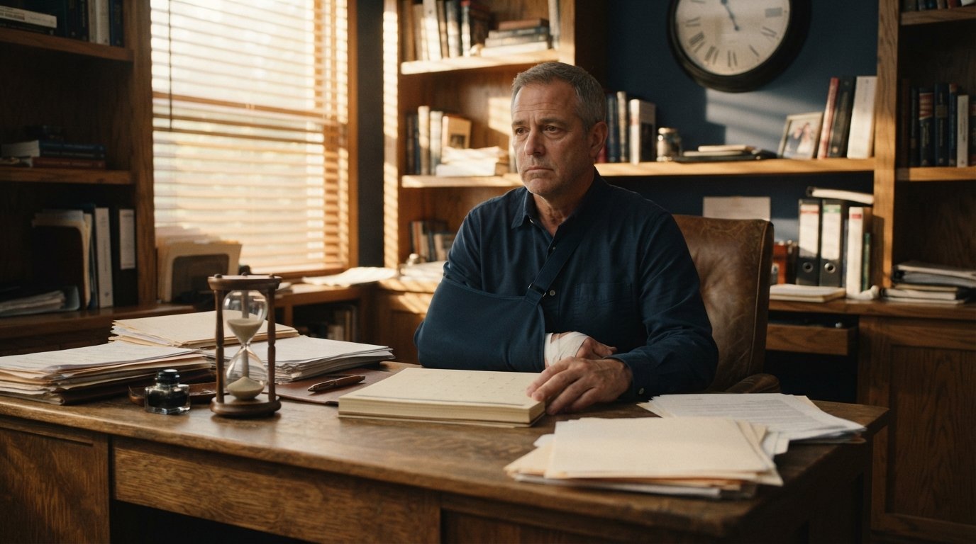 Injured man in an arm sling resting his hand on a calendar at a wooden desk, with an hourglass and wall clock behind him in…