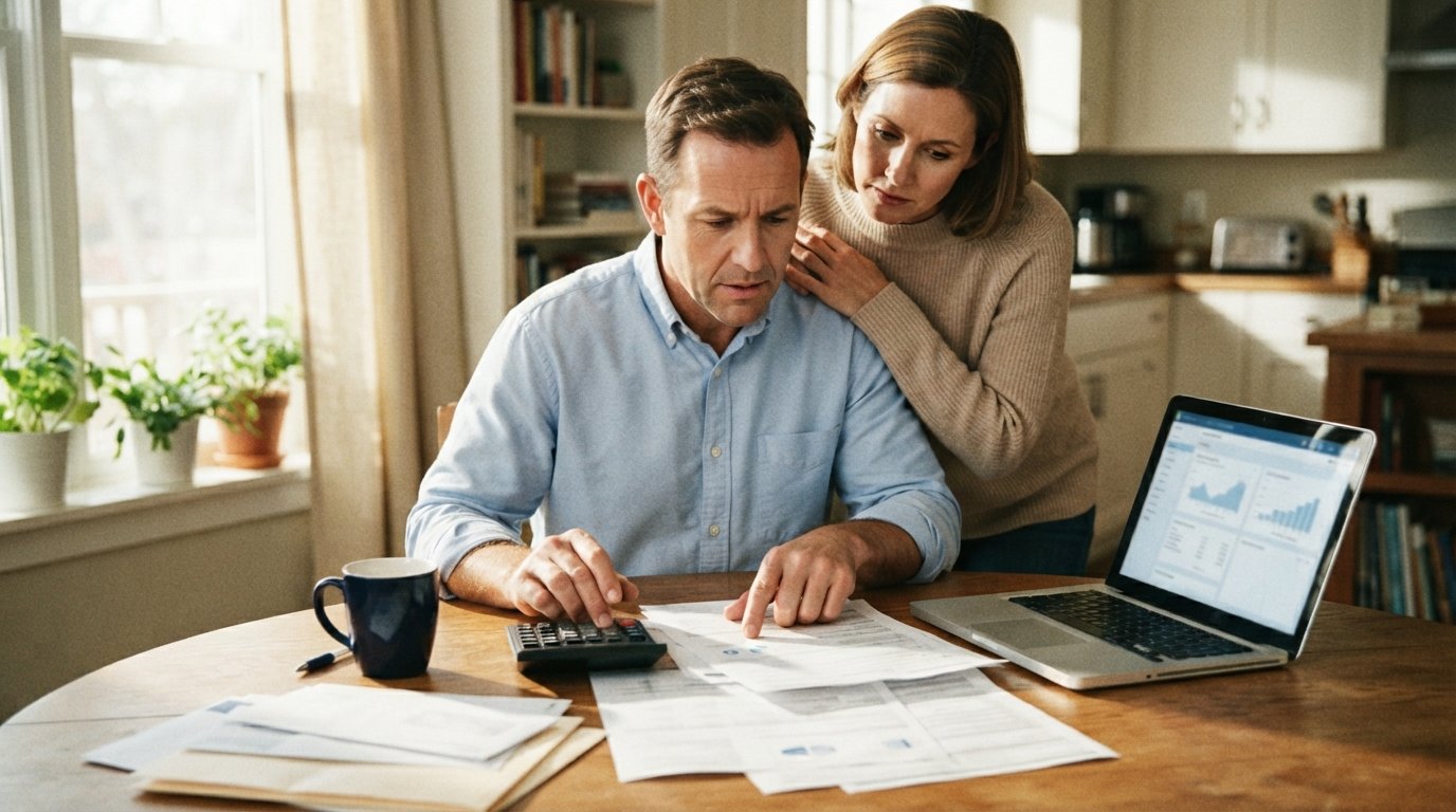 Man in blue shirt reviews tax paperwork at a kitchen table with a laptop, calculator, coffee mug, and envelopes while a…