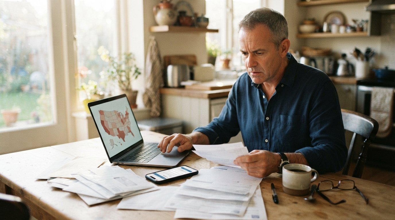 Middle-aged man at a kitchen table with bills, a laptop showing a shaded U.S. map, and a smartphone displaying a loan app
