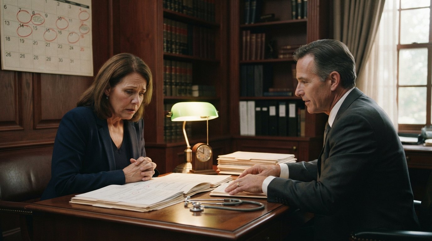 Woman in navy blazer reviewing medical papers with an attorney at a wooden desk beside a wall calendar and clock