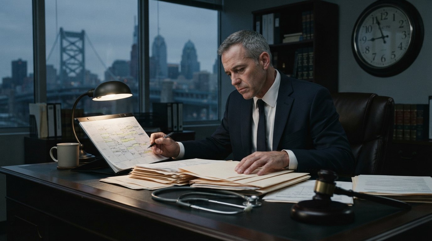Attorney in a Philadelphia law office reviewing a calendar and medical file folders with a stethoscope and gavel on the desk