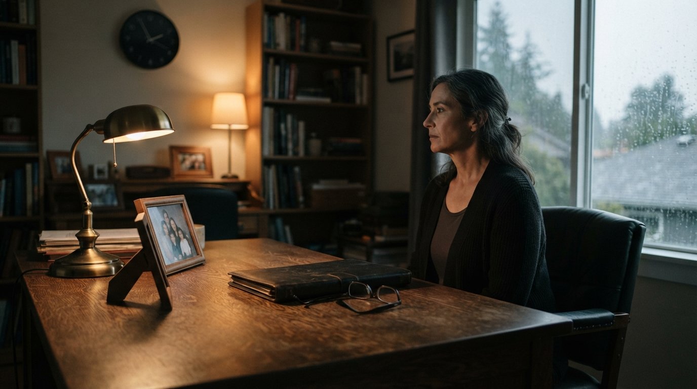 Grieving woman in a dark cardigan sits by a rain-streaked window, with a clock, legal folder, reading glasses, and framed…