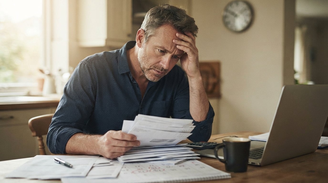 Middle-aged man in a button-down shirt reviews collection letters and a calendar with circled dates at a wooden kitchen…