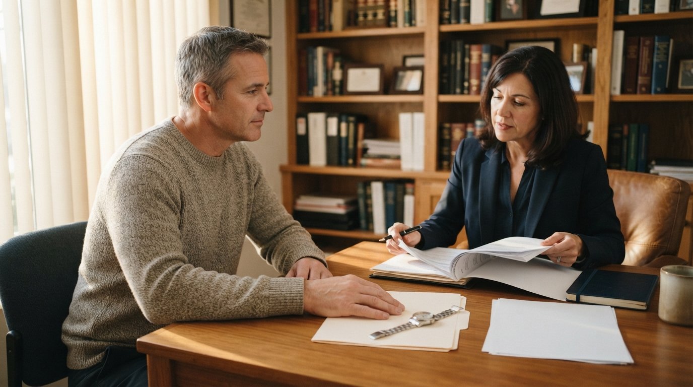 Patient in a sweater sits at a wooden desk with a closed folder and wristwatch while an attorney in a dark suit reviews…