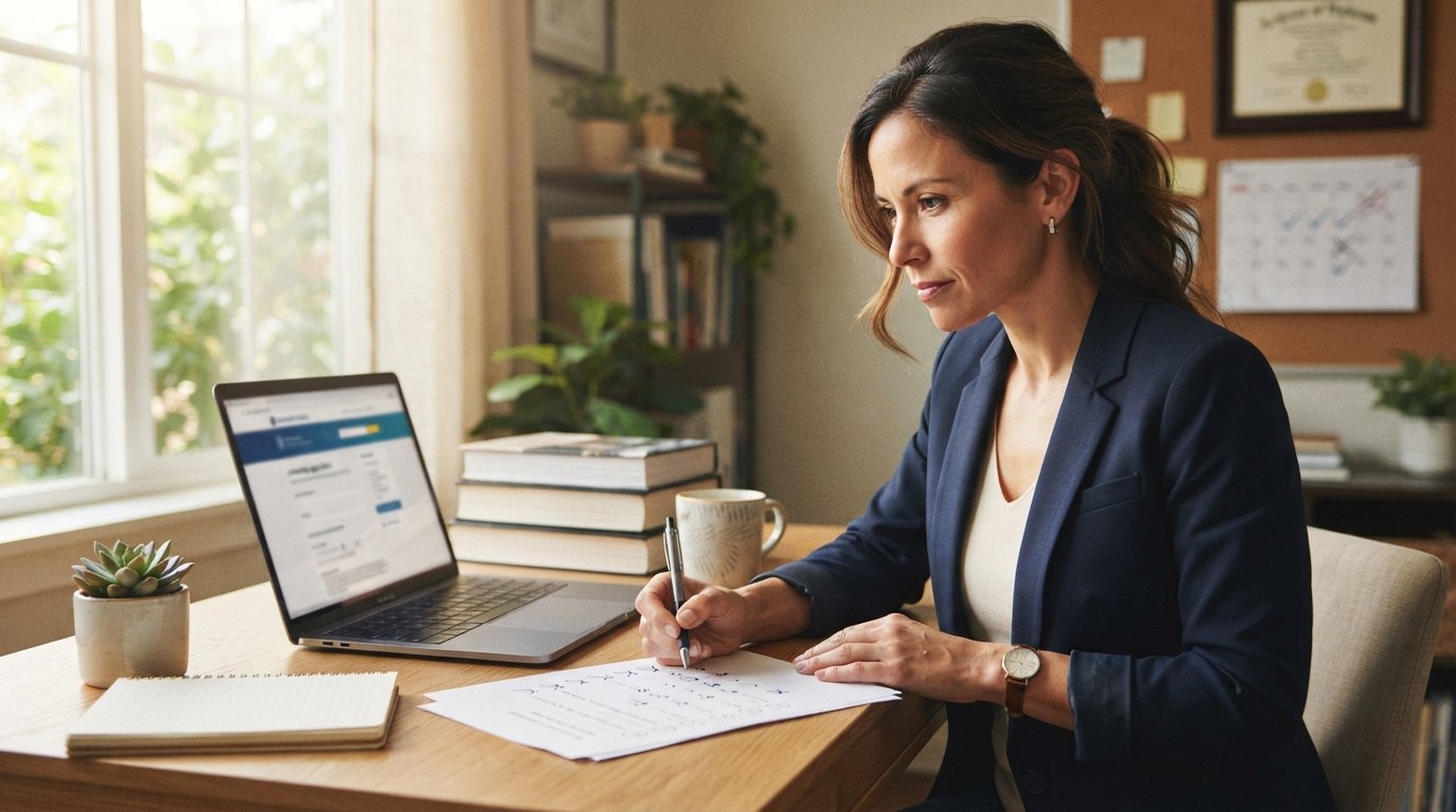 Woman in her late 30s at a sunlit desk, reviewing a career checklist with a laptop open to a university application page,…