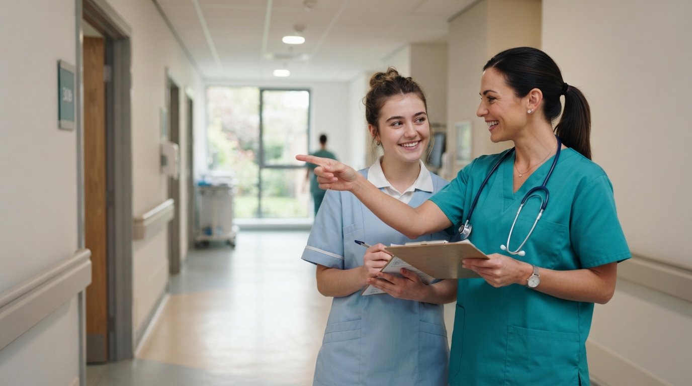 A female nurse in teal scrubs and stethoscope points toward a patient room while a nursing student with a clipboard stands…