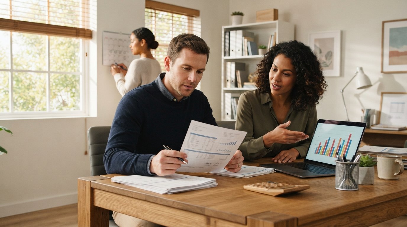 A man reviews a printed credit report at a desk while a woman points to a chart on a laptop and another woman checks a wall…