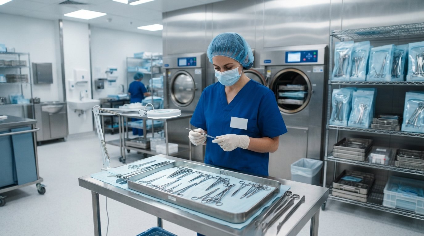 Sterile processing technician in blue scrubs, hairnet, and mask inspecting stainless steel surgical instruments on a metal…