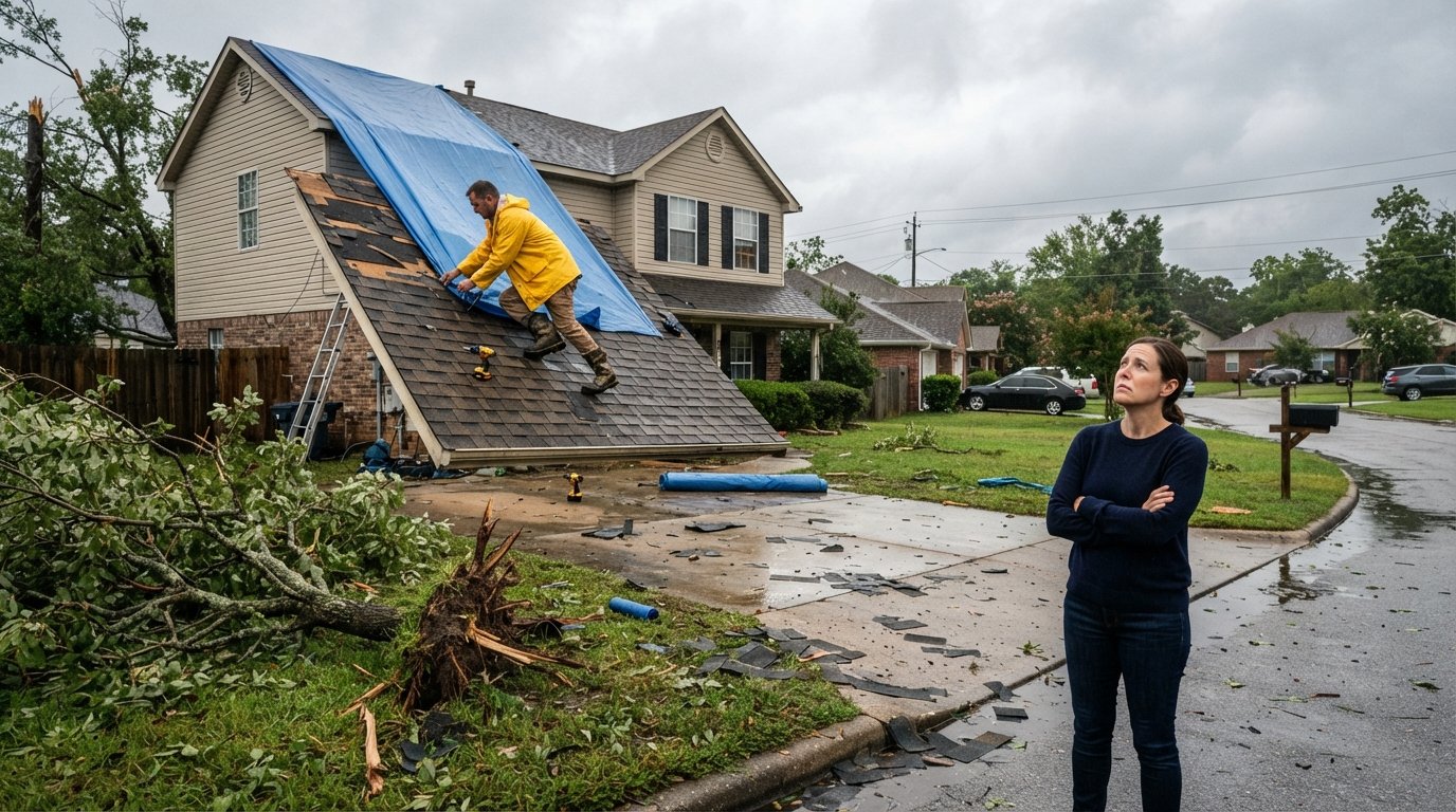 Blue tarp covers part of a damaged roof while a contractor kneels with a drill near a rolled tarp on a wet lawn