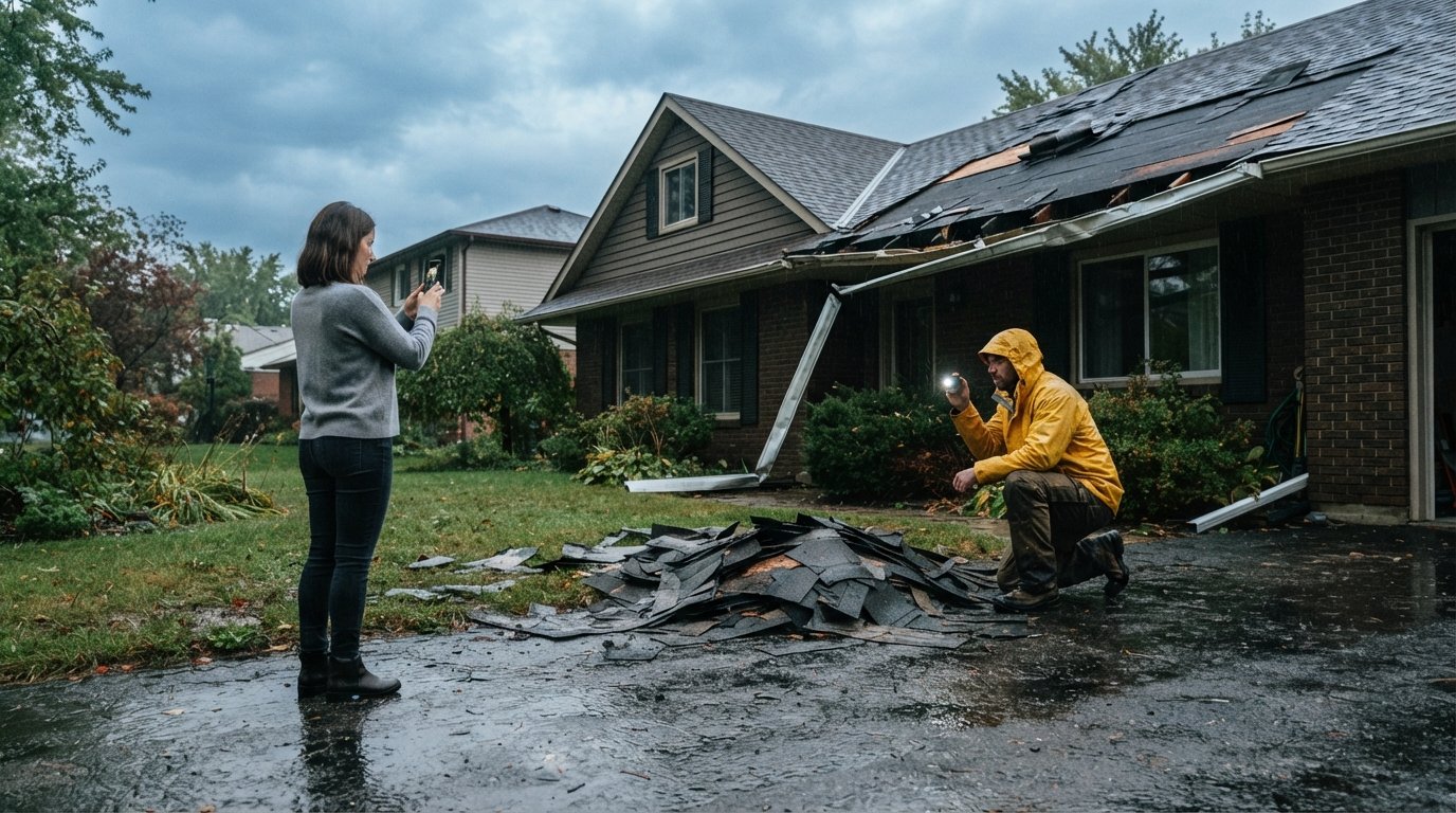 Contractor in yellow jacket inspects exposed roof decking with flashlight while homeowner photographs scattered shingles…
