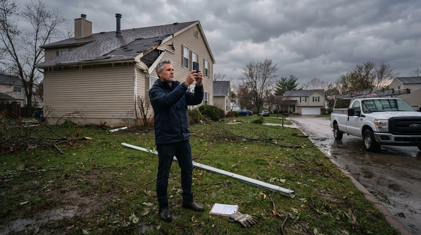 Homeowner in rain jacket photographing missing shingles and torn siding on a two-story house at dusk, with branches and a…