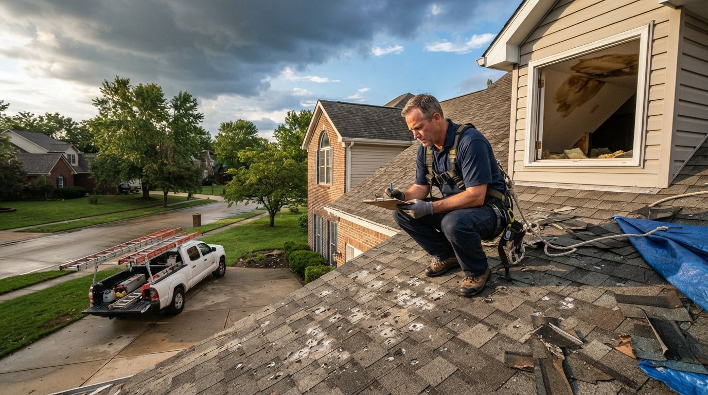 Roofer in navy shirt and safety harness on shingled roof holding clipboard, damaged shingles and rolled blue tarp nearby,…