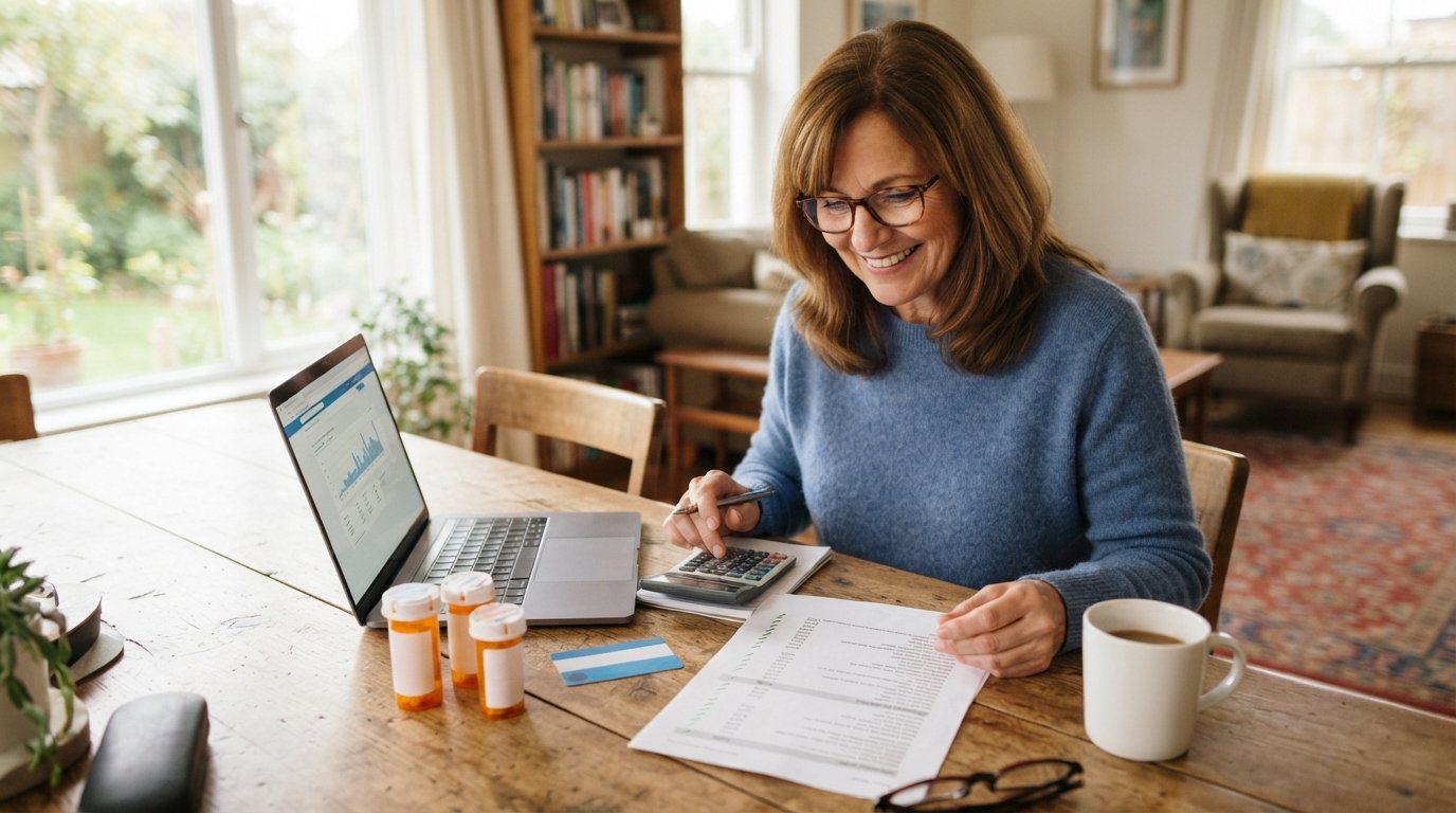 Middle-aged woman at a wooden table comparing medication costs with a laptop, insurance card, pill bottles, and a printed…