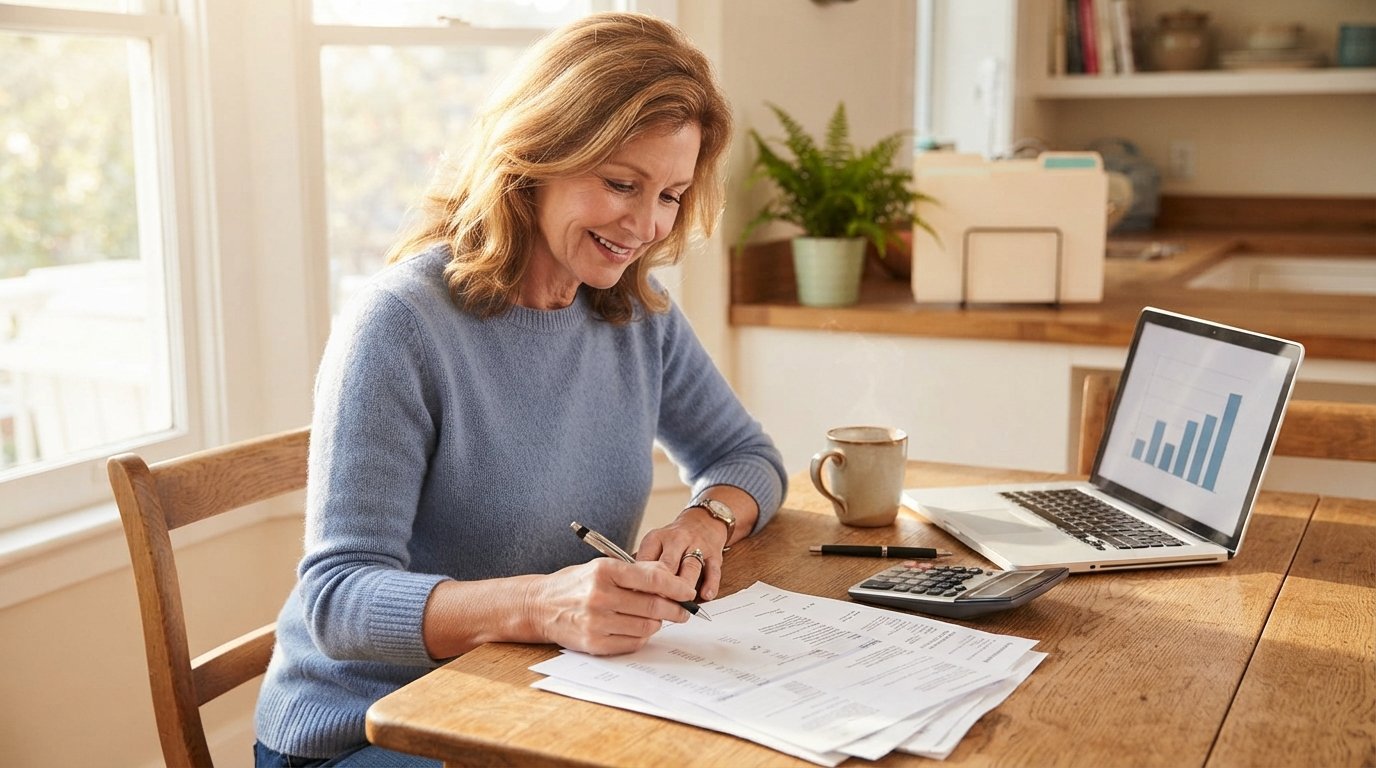 Woman in a blue sweater reviewing medical bills and an insurance summary at a sunlit kitchen table with a calculator,…