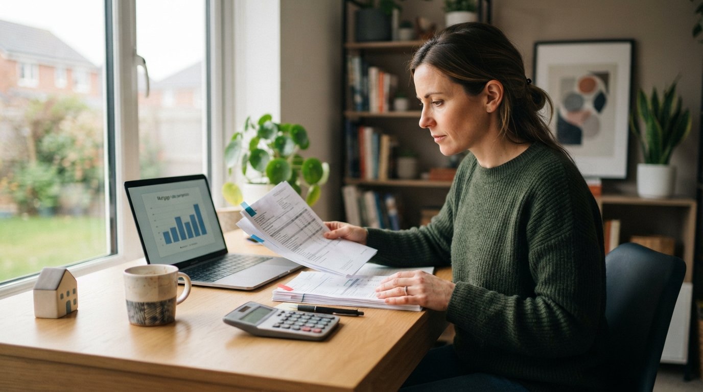 Homeowner at a desk reviewing two stacked documents with blue and red tabs beside a laptop showing a mortgage rate…
