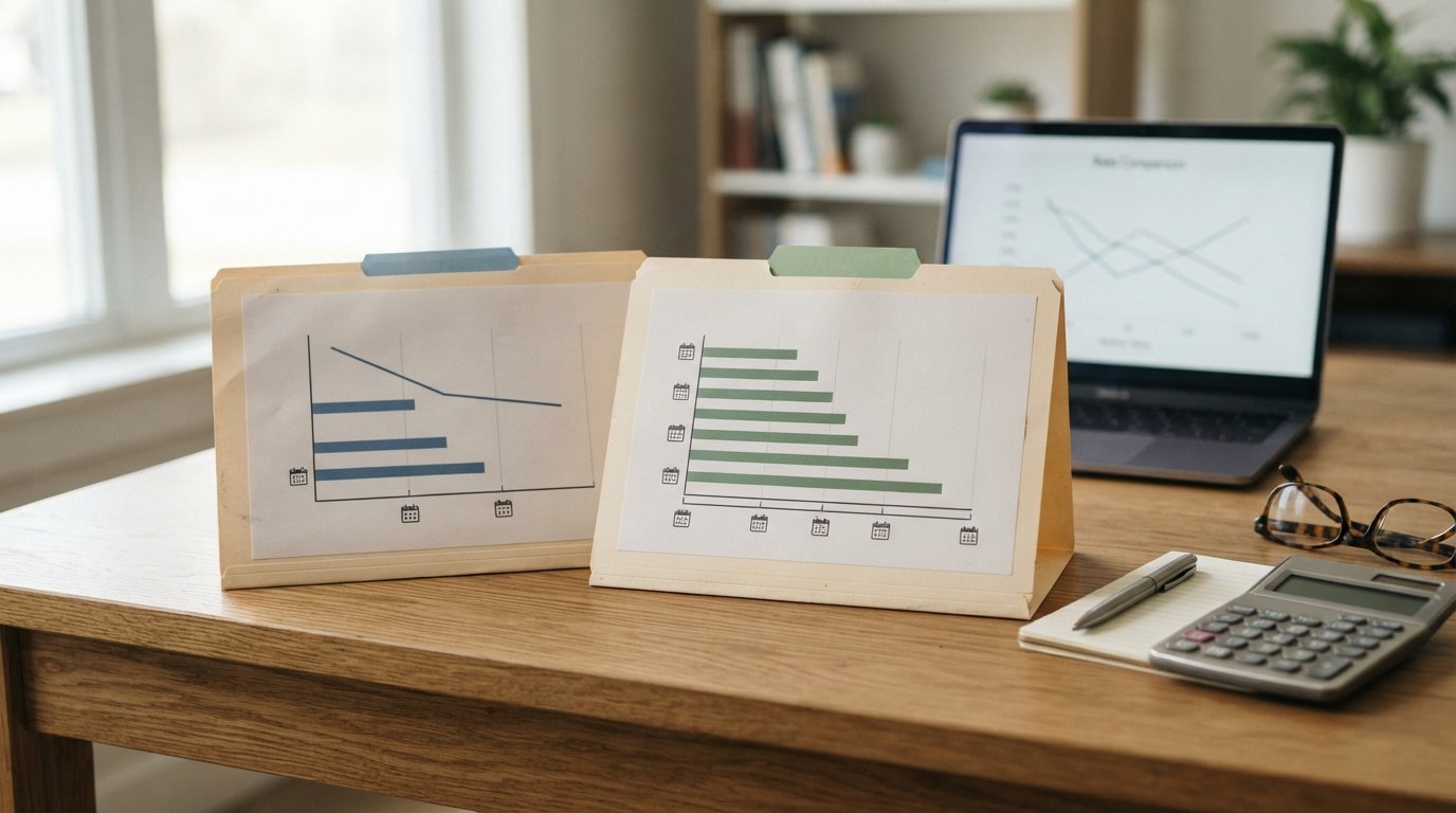 Two mortgage folders with blue and green tabs, loan comparison charts, calculator, glasses, and pen on a wooden desk