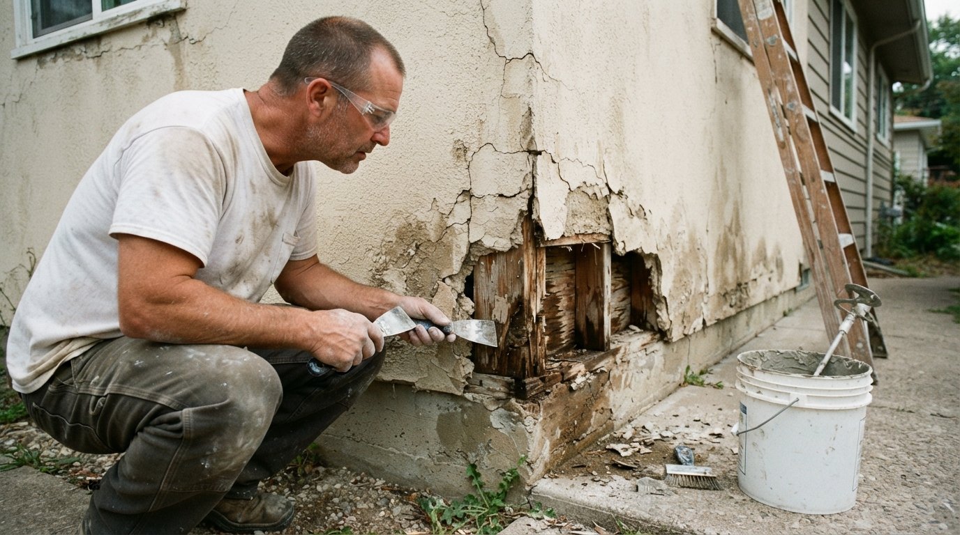 Contractor in safety glasses inspecting cracked stucco with a putty knife near a crumbling wall section exposing wood framing