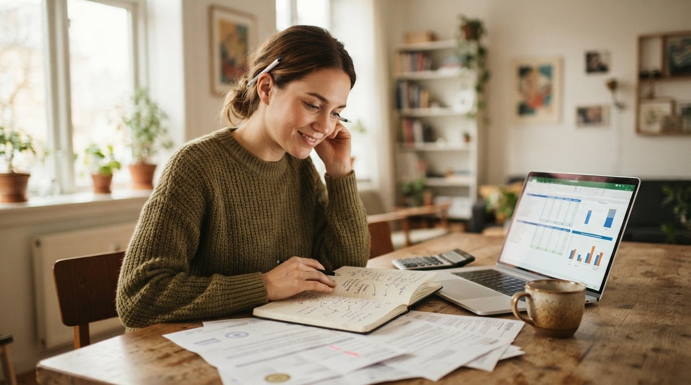 Young adult reviewing student loan paperwork and a laptop repayment comparison at a wooden kitchen table with a calculator,…