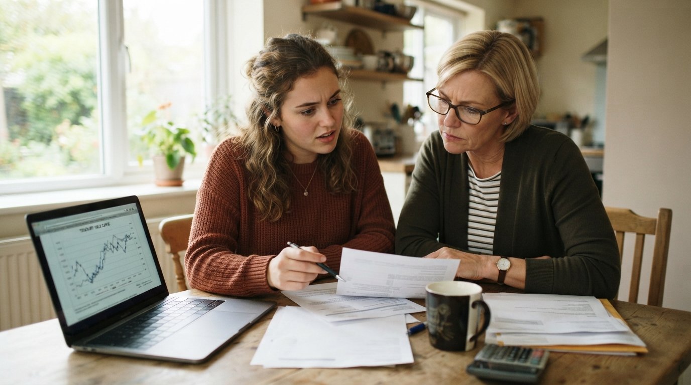 College student and parent reviewing loan documents and a Treasury yield chart on a laptop at a sunlit kitchen table
