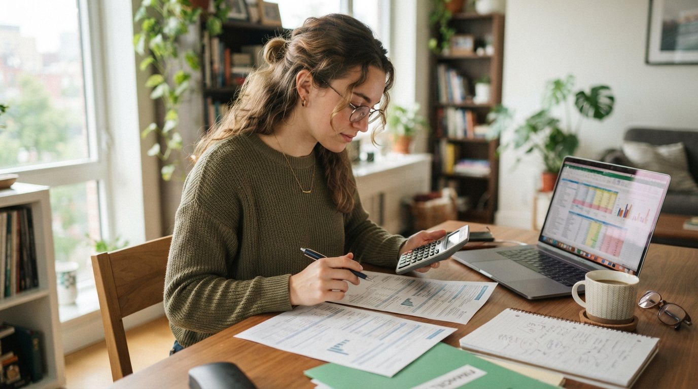 Student at a wooden desk comparing two loan documents beside a calculator, laptop, notebook, and coffee mug in bright…