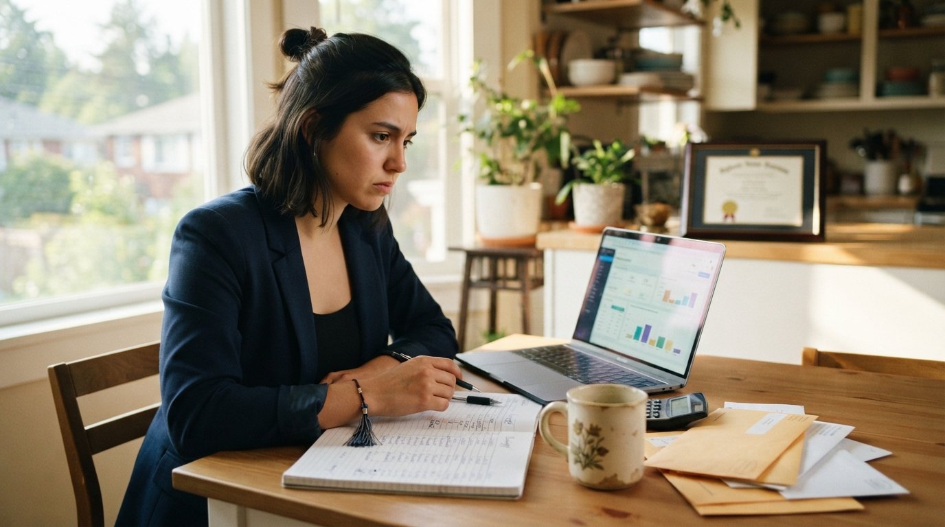 Graduate in a navy blazer sits at a sunlit kitchen table with a laptop showing a loan servicer dashboard, envelopes,…