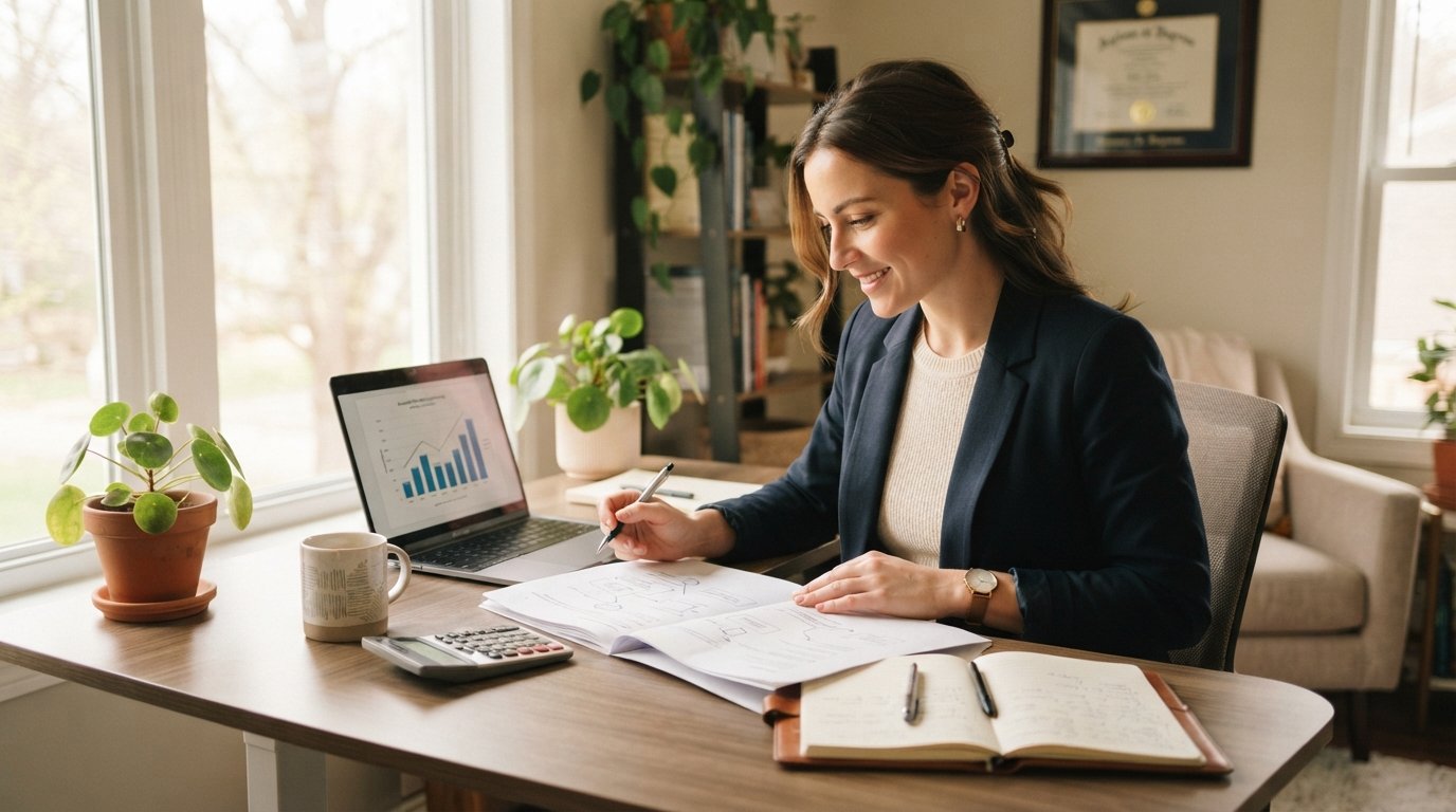 Young graduate in a blazer reviewing loan documents at a home desk with a laptop, calculator, mug, and diploma frame nearby