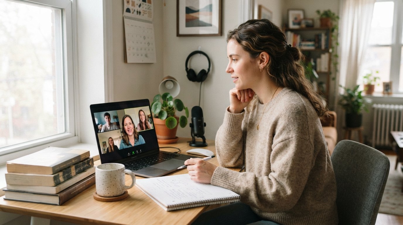 Young adult in a sweater sits at a home desk with a laptop showing an advisor and study group video call, notebook, coffee…